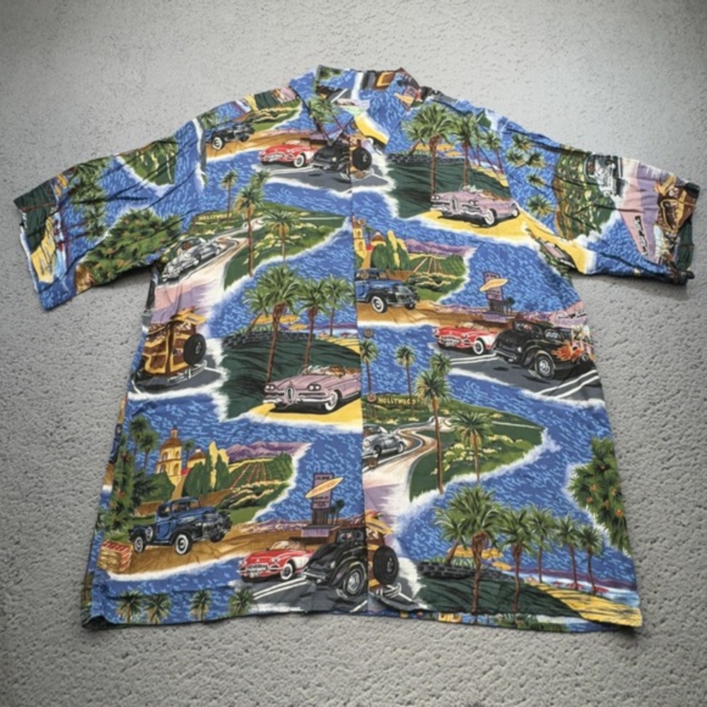 VINTAGE Reyn Spooner Shirt‎ Mens Large Blue Classic Cars All Over Print Aloha